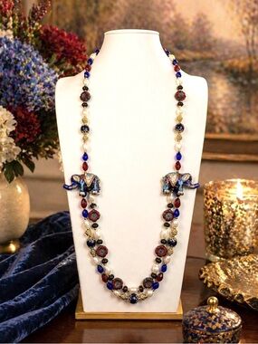 ARTISAN Italian Glass, Czech Glass, Genuine Pearl, & Cloisonné Elephant Necklace